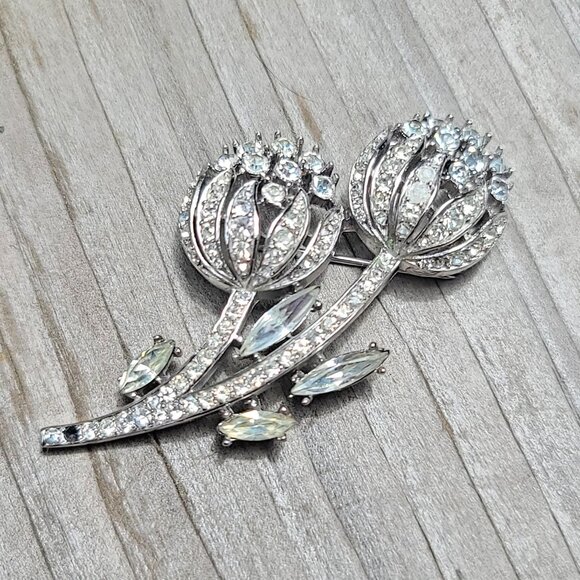 Crown Trifari Thistle Rhinestone Brooch Floral Flower Spray Pin Rhodium Plated